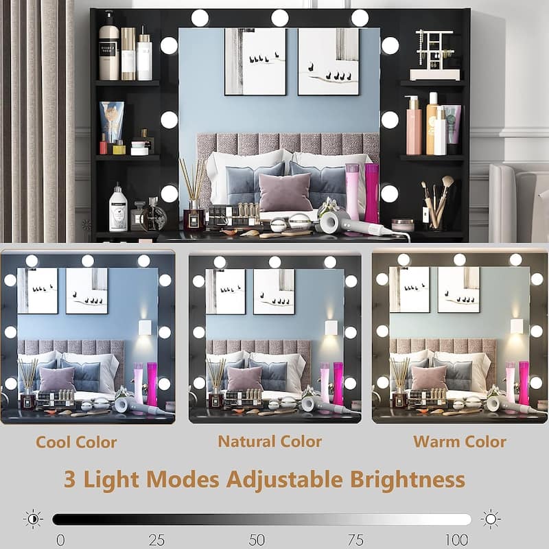 43'' Makeup Vanity with 3 Color Light, Charging Station, Storage Shelves, 7 Drawers