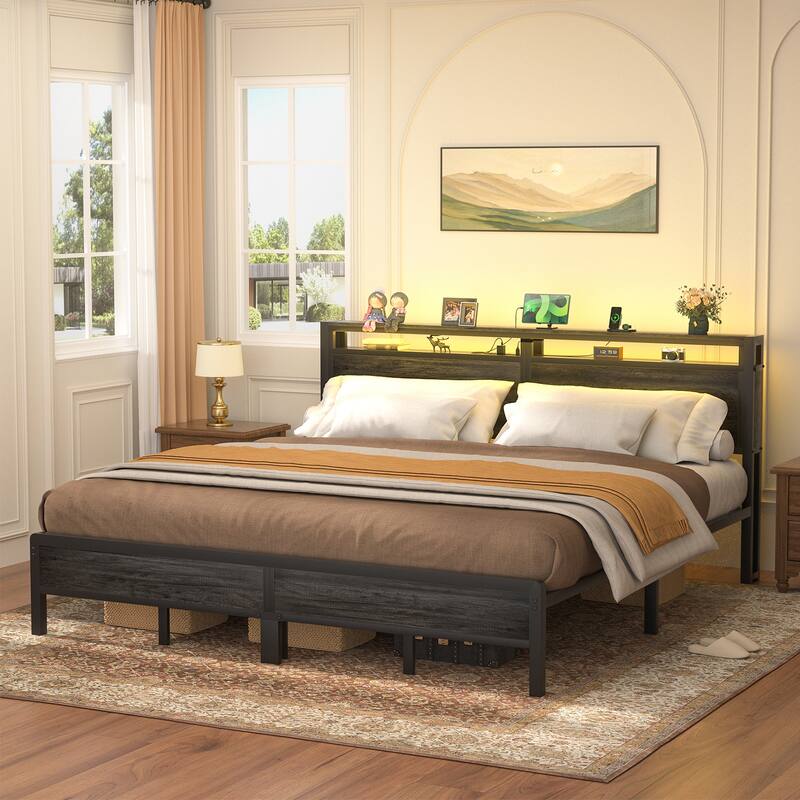 Farmhouse Wood Platform Bed Frame with Charged Station and LED Lights - Grey - King