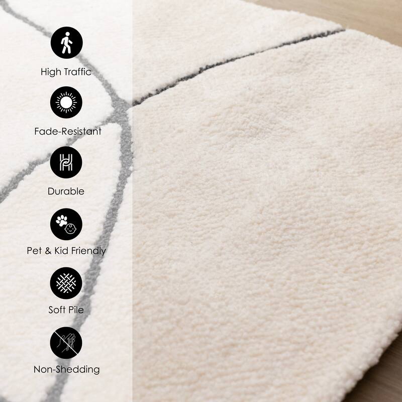 White Black Organic Lines Soft Textured Rug