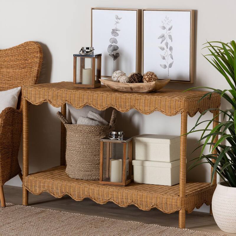 Oteria Bohemian Light Honey Scalloped Rattan Console Table