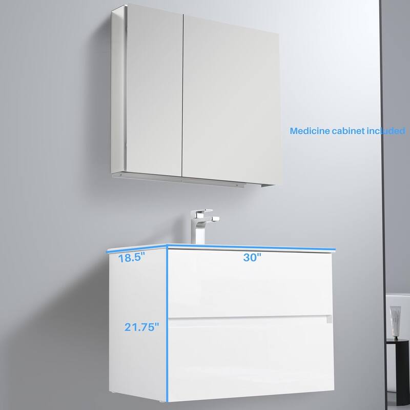 Blossom 30 Inch All Wood Wall Mounted Floating Bathroom Vanity with Sink