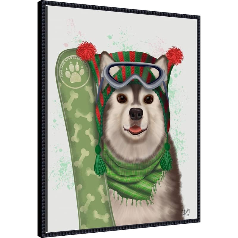 Christmas Husky Snowboard by Fab Funky (23 x 28 in.), Framed Canvas Wall Art Print - Sylvie Beaded Black