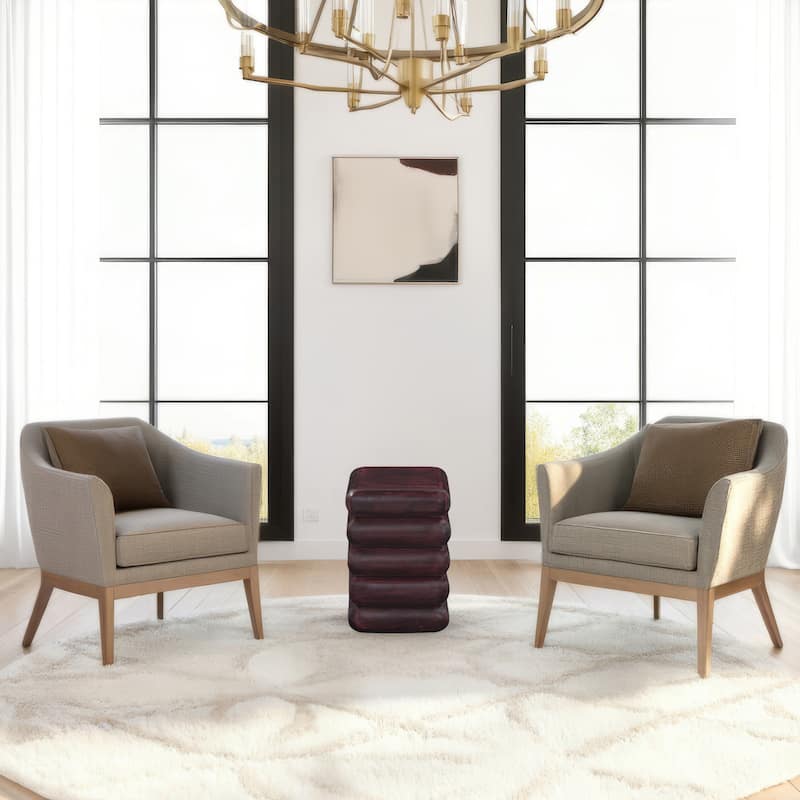 Zyra 18" Side End Table | Sculptural Stacked Design | Dark Cherry Brown Acacia Wood