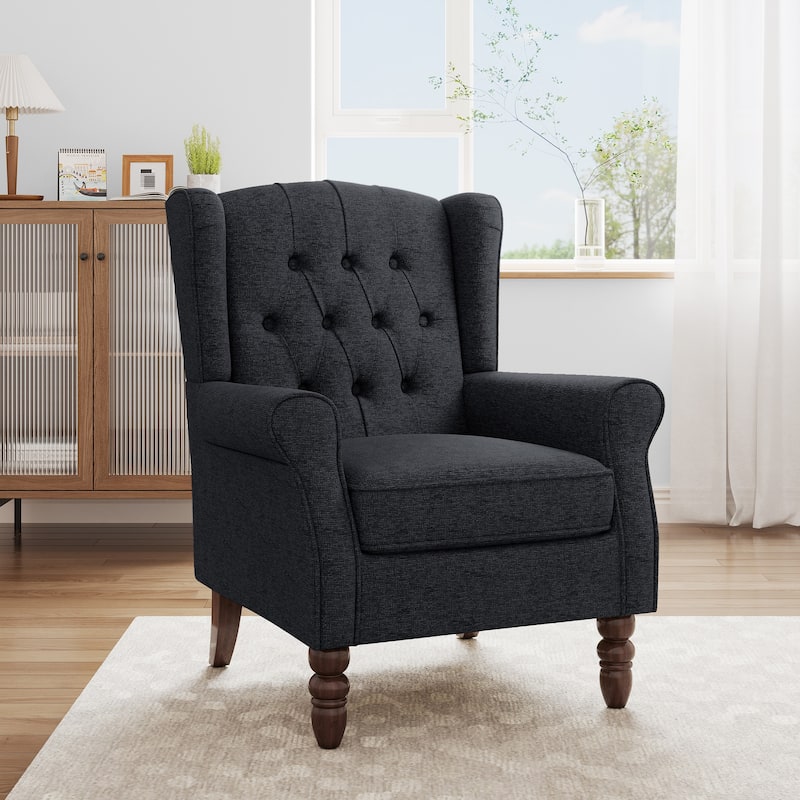 Button Tufted Wingback Accent Chair Upholstered Armchair - Black Blue-Chenille