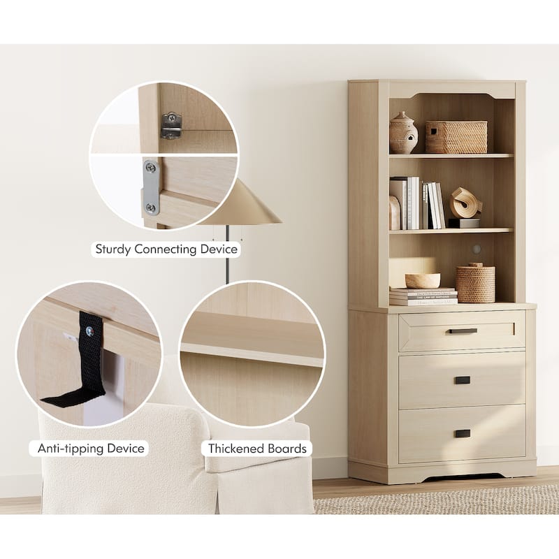 3-Column 73.3" Tall Bookshelf Set with Open Storage and Glass Doors