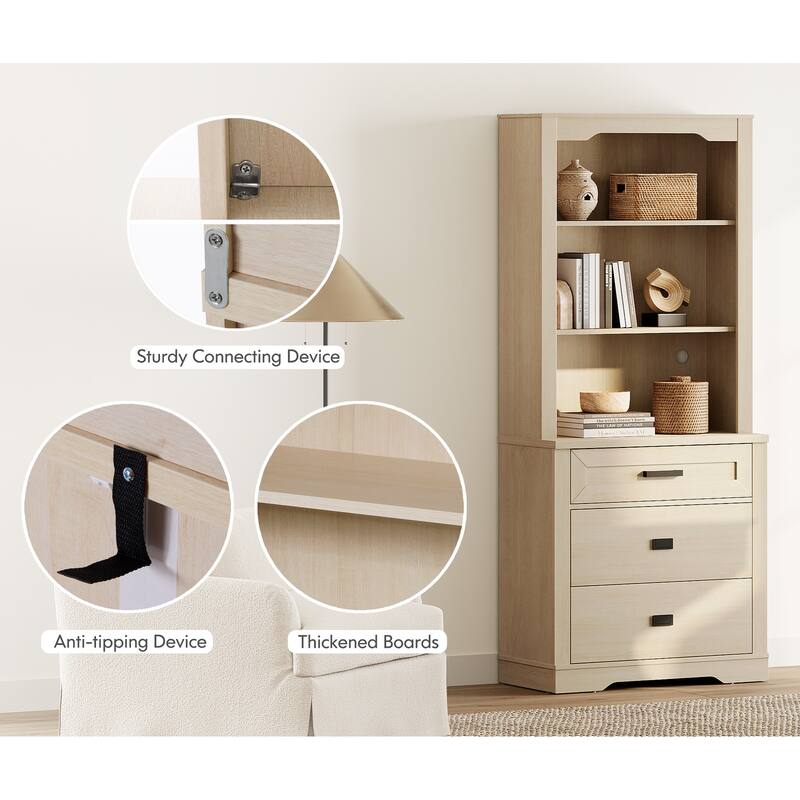 3 Tier Bookcase with Drawer,73.3" Tall Floor Standing Bookshelf