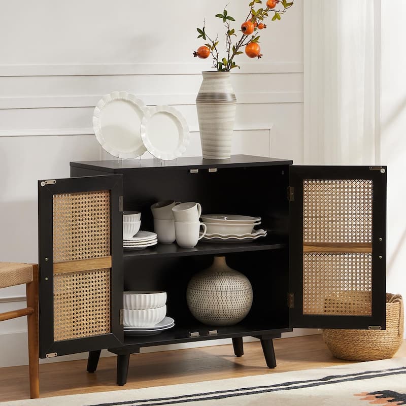 Woodland Multifunctional Rattan-Accented 2-Door Storage Stackable Buffet Cabinet with Solid and Wood Frame by HULALA HOME