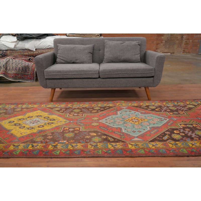 Hand Knotted Oriental 100% Wool Carpet Traditional Geometric Oranges & Rust Ardebil Runner Rug - 13' 9'' X 3' 11''