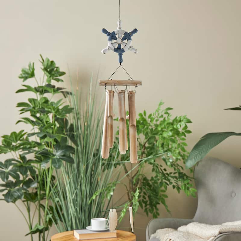 Bamboo Wood Ship Wheel Handmade Windchime with Log Chimes - Blue - Roche River Decor