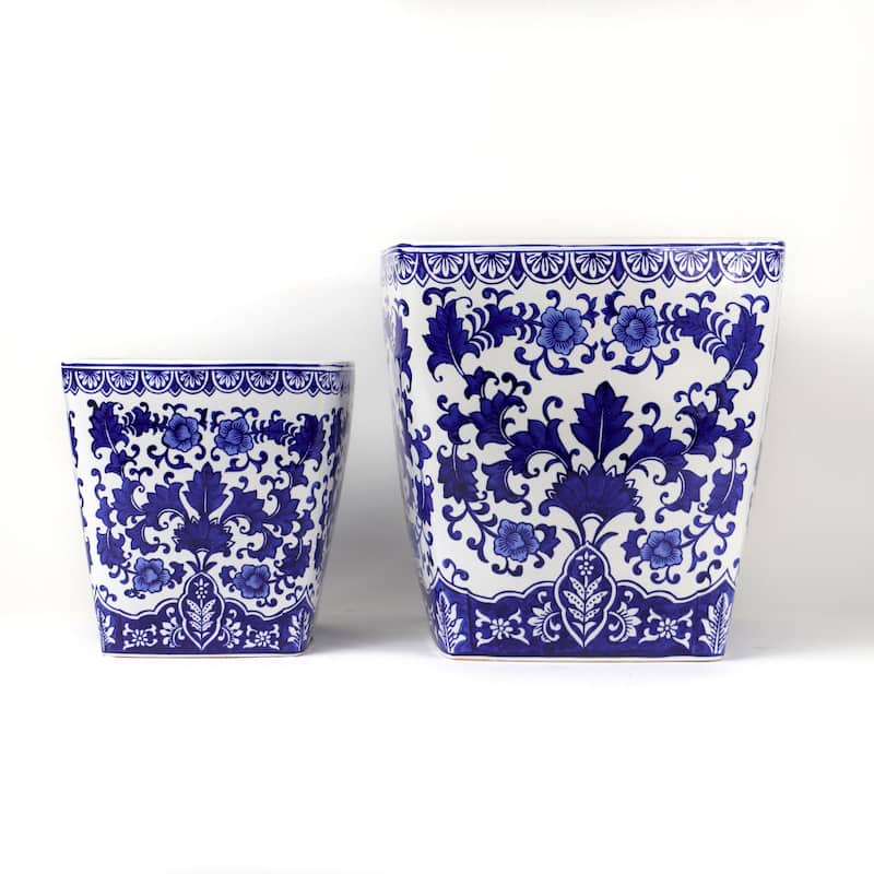 Euro Ceramica Blue and White Ceramic Camelia Garden Planter