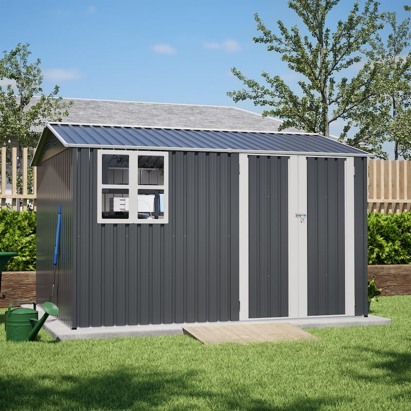 10X8FT Outdoor Steel Storage Shed with Clear Window, Lockable Doors, Weather-Resistant Metal Tool Shed - Gray