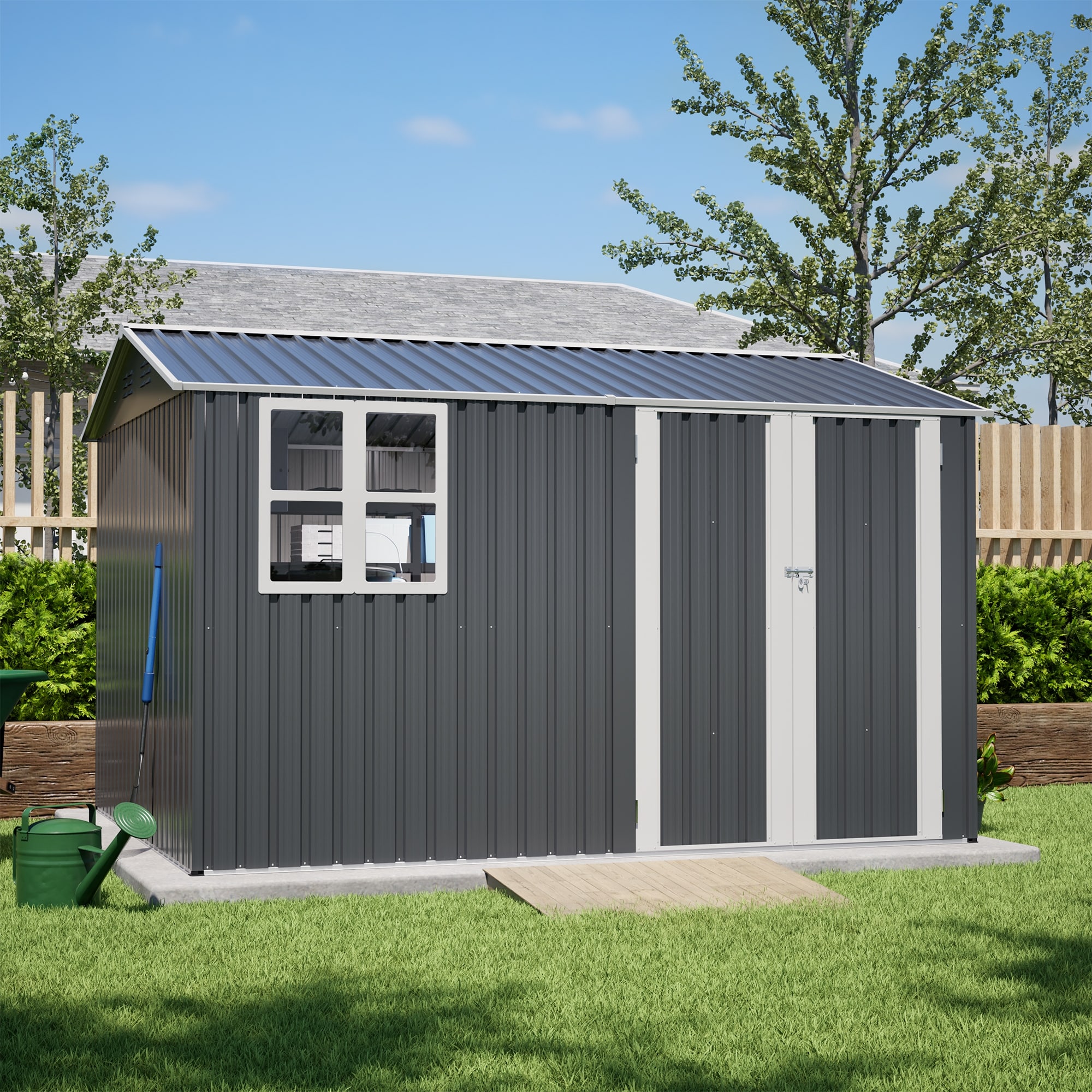 10X8FT Outdoor Steel Storage Shed with Clear Window, Lockable Doors, Weather-Resistant Metal Tool Shed