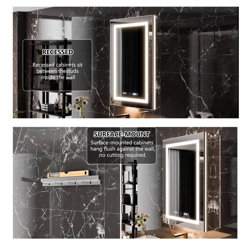 36'' H Recessed or Surface Mounted Bathroom LED Mirror Cabinet With Defogger, Dimmer, 10x magnifying