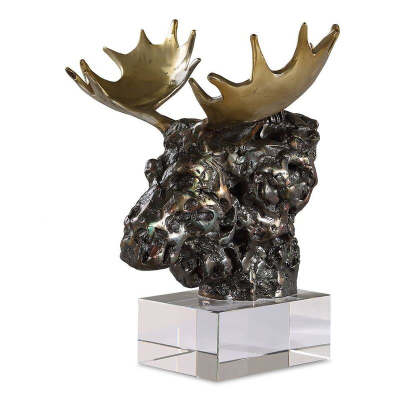 Uttermost 18187 Moose Bust 9" Tall Cast Iron and Crystal Animals Table - Crystal / Bronze / Gold