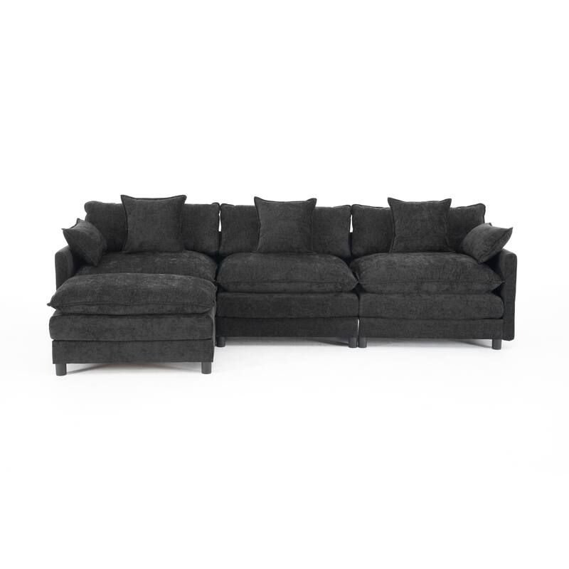 L Shaped Modular Sectional Sofa with Movable Ottoman, Chenille Upholstered Cloud Couch, Deep Seat Sofa with Pillow