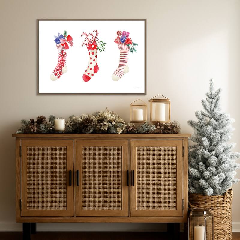 Decked Out Stockings by Mercedes Lopez Charro (33 x 23 in.), Framed Canvas Wall Art Print - Sylvie Dark Gold