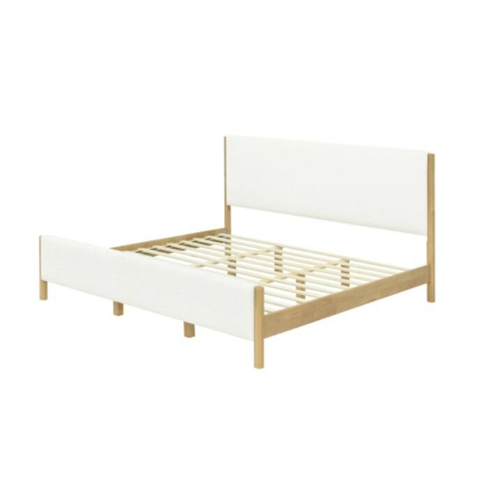 Modern White Boucle Upholstered Bed, King/Queen Size Platform Bed with Rubberwood Legs