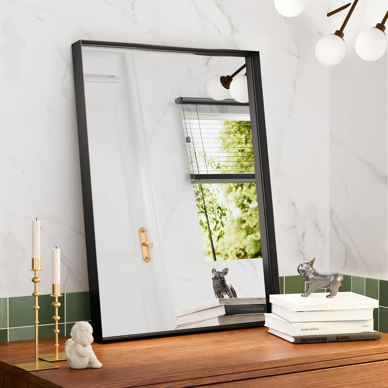 Full Size Metal Frame Wall Mirror Black Tempered Glass for Bathroom