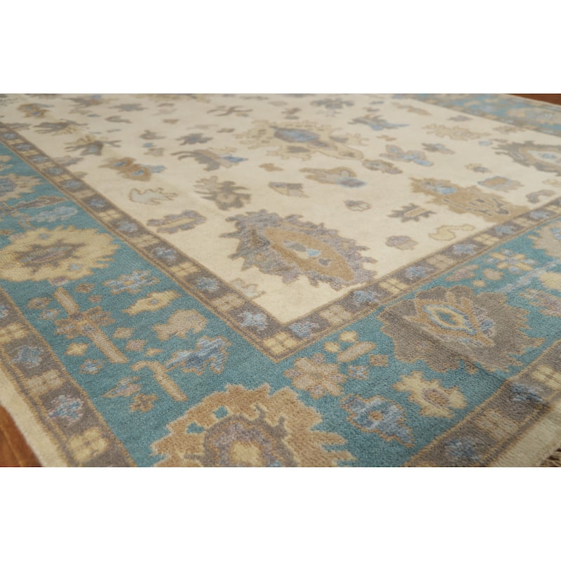 Floral Oushak Indian Area Rug Hand-Knotted Living Room Wool Carpet - 8'0" x 9'9" - Ivory/Beige - 8'0" x 9'9"
