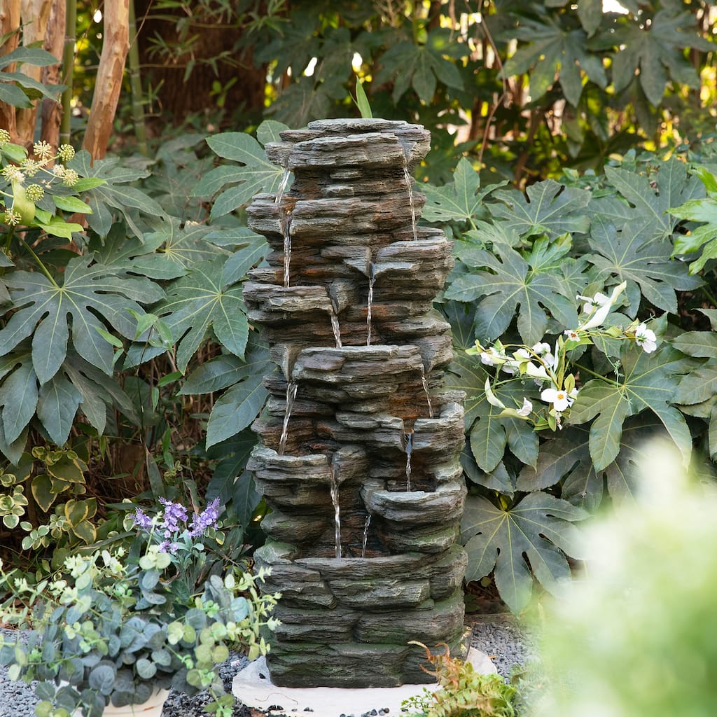 Glitzhome 39.25"H 9-Tiered Cascading Rock Polyresin Outdoor Fountain with Pump and LED Light