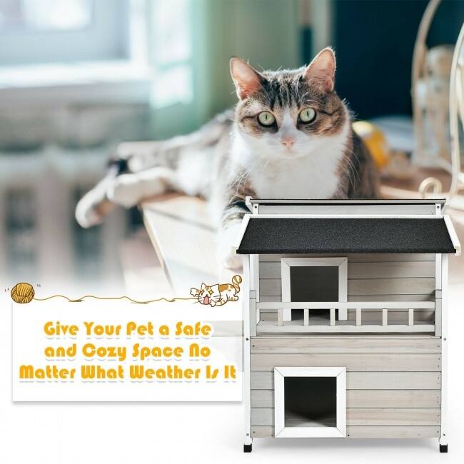 2-Story Wooden Patio Luxurious Cat Shelter House Condo with Large Balcony - 28" x 36" x 33" (L x W x H)