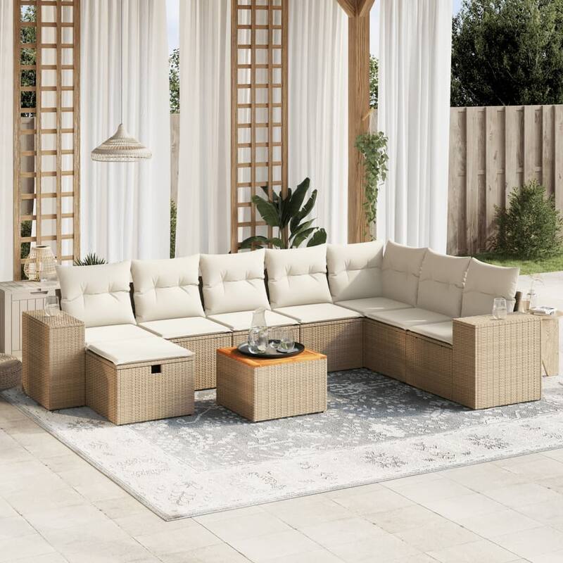 vidaXL Patio Sofa Set with Cushions Outdoor Furniture 9 Piece Poly Rattan - Beige and cream - 78.7 x 122.0 x 27.2 in
