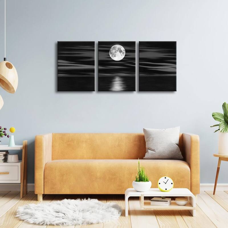 Sea White Full Moon in Night Canvas Print Wall Art