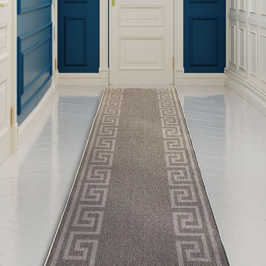 Custom Size Greek Key Design Gray, Dark Gray Color Non-Slip Rubber Backing- 31 Inch WidexYour Choice of Length Runner Rug