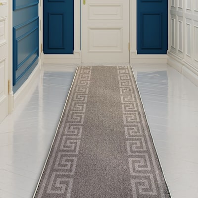 Custom Size Greek Key Design Gray ,Dark Gray Color Non-Slip Rubber Backing-26 Inch WidexYour Choice of Length Runner Rug