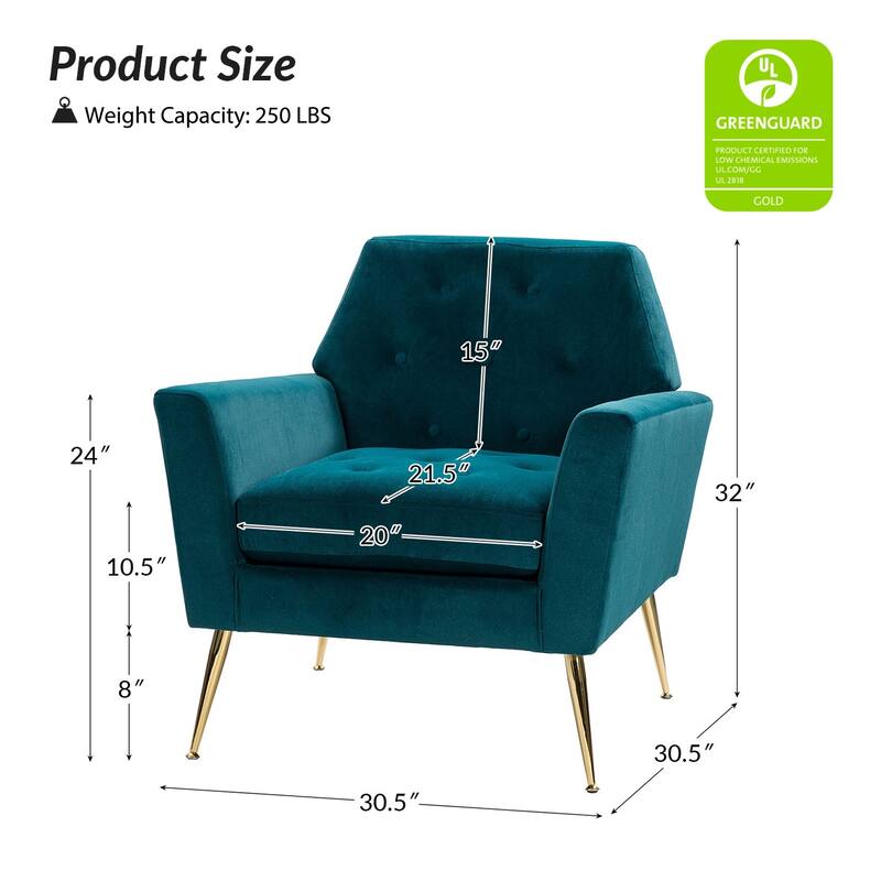 Lilia Contemporary Velvet Upholstered Tufted Back Armchair with Metal Golden legs Set of 2 by HULALA HOME