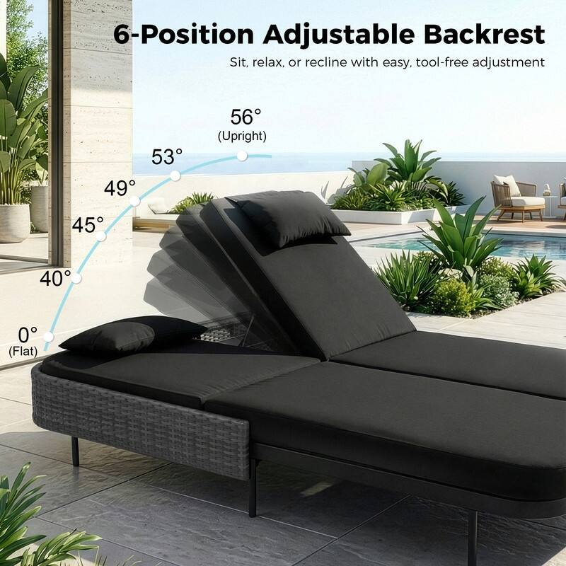 2-Person Outdoor Double Chaise Lounge, Wicker Patio Reclining Daybed with 6-Position Backrests, 4" Cushions, 800 lb Capacity