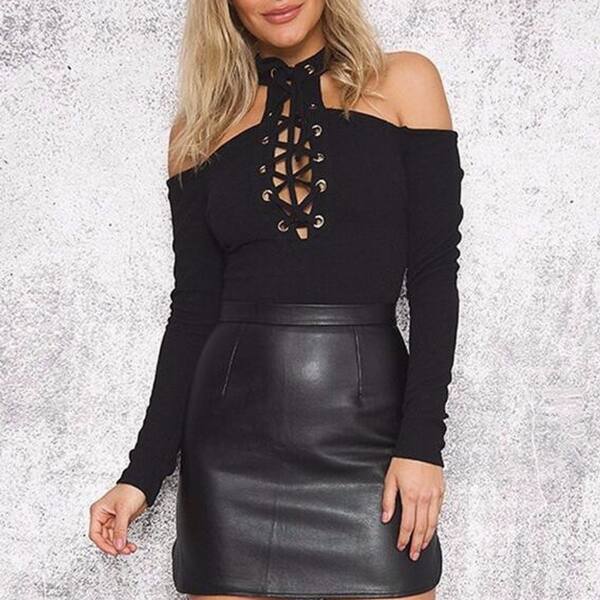 Shop Winter Knitted Lace Up Bodysuit Women Off Shoulder Hollow Out