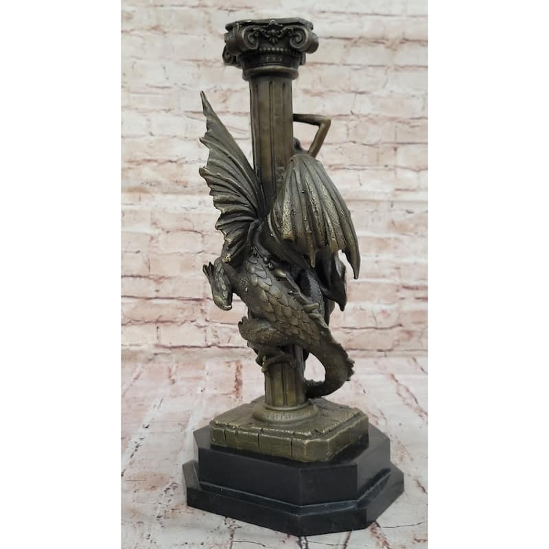 Bronze Fantasy Statue Of Woman With Dragon Column Original Mythical Sculpture