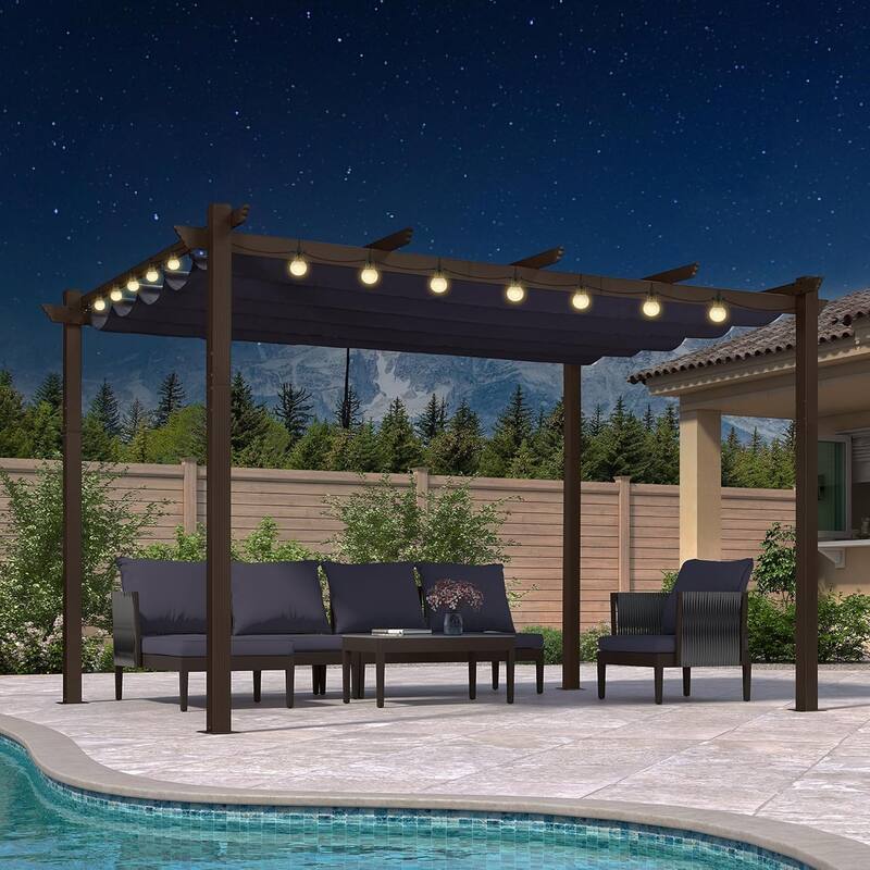 PURPLE LEAF Outdoor Retractable Bronze Metal Pergola w Canopy for Beach Deck Gazebo