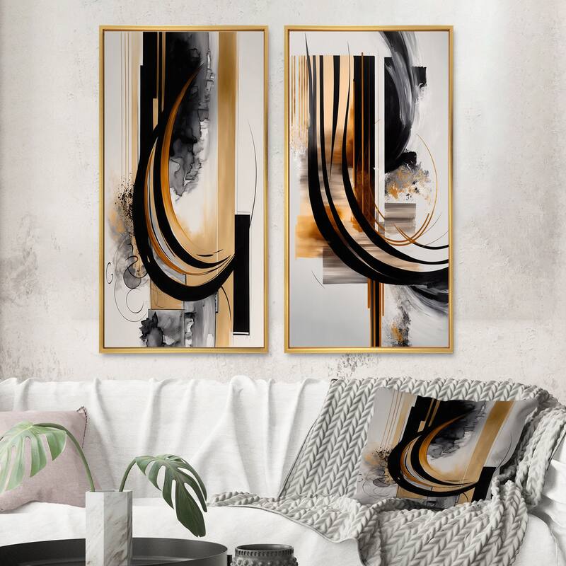 Designart "Gold Touch Art Deco" Abstract Framed Wall Art Set Of 2 - Black Canvas Set For Living Room Decor