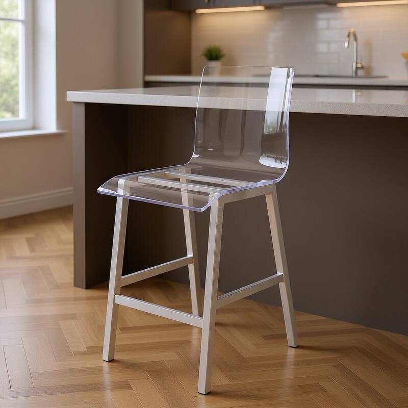 HomeRoots 24" Clear and Silver Acrylic and Metal Counter Height Bar Chair