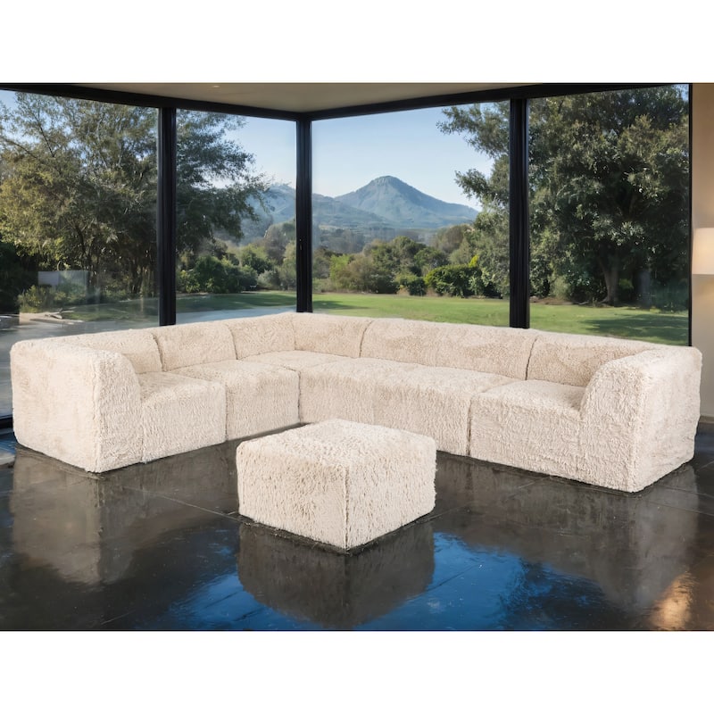 Furniture of America Ylena Modern 7-Piece Faux Fur Foam Modular Compressed Sectional Sofa with Ottoman - Sand
