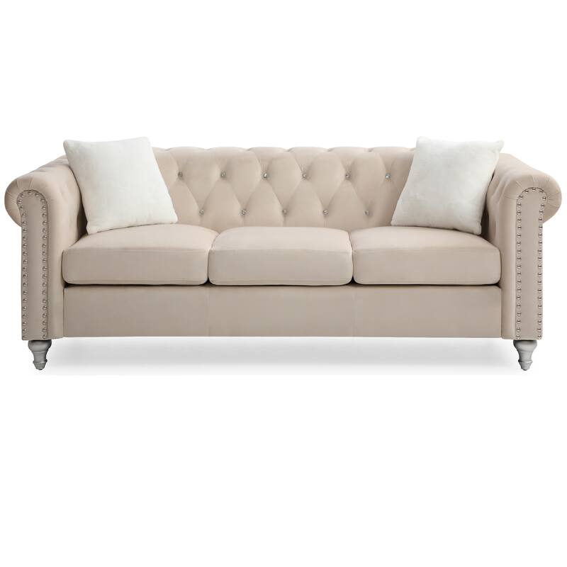 Tufted Faux Jewel Velvet 3-Seater Sofa with Throw Pillows - 83" - Beige