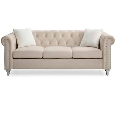 Tufted Faux Jewel Velvet 3-Seater Sofa with Throw Pillows - 83" - Beige