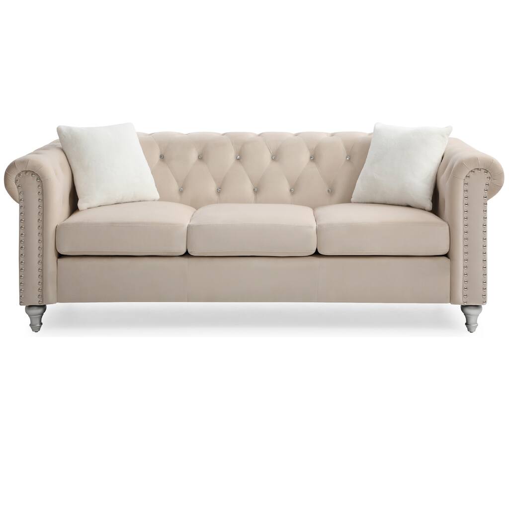 Tufted Faux Jewel Velvet 3-Seater Sofa with Throw Pillows - 83" - Beige