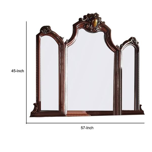 Wooden Frame Mirror with Arched Design and Carved Details, Brown Bed