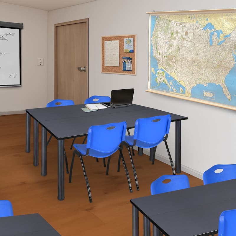 66" x 24" Kee Training Table- Grey/ Black & 2 'M' Stack Chairs- Blue