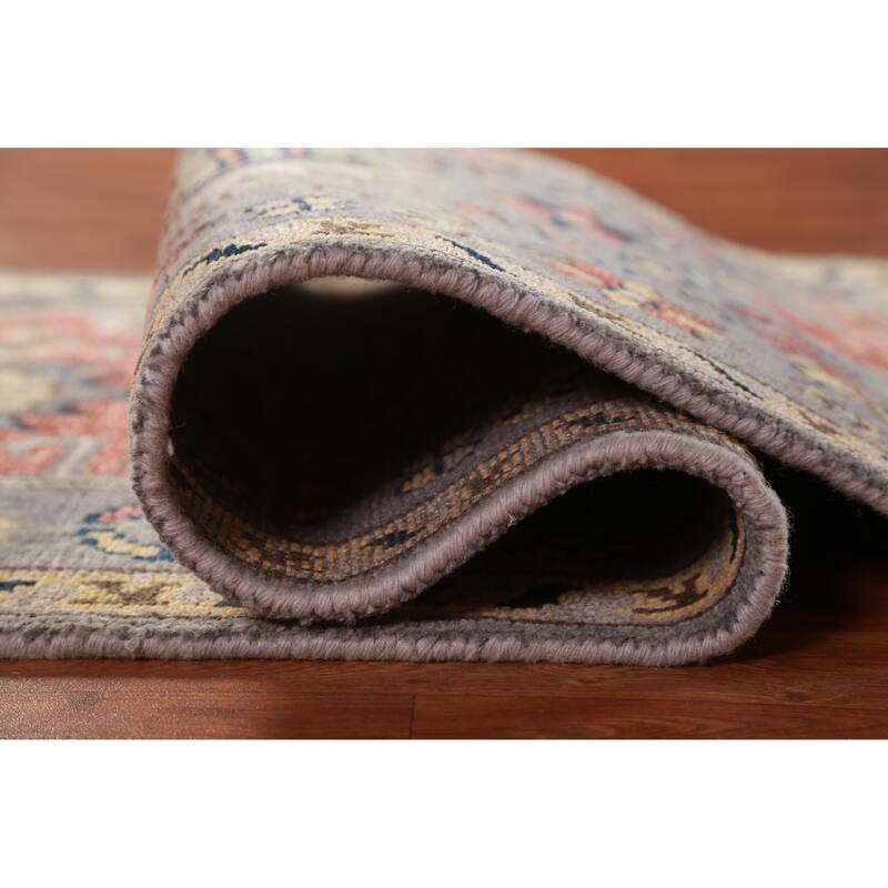 Hand Knotted Oriental 100% Wool Carpet Traditional Geometric Greys & Charcoal Heriz (serapi) Runner Rug - 7' 8'' X 2' 7''