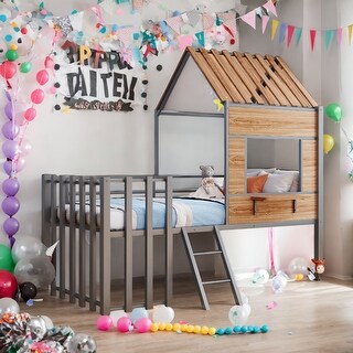 Metal Twin size Loft Bed with Roof, Window, Guardrail and Ladder, Silver