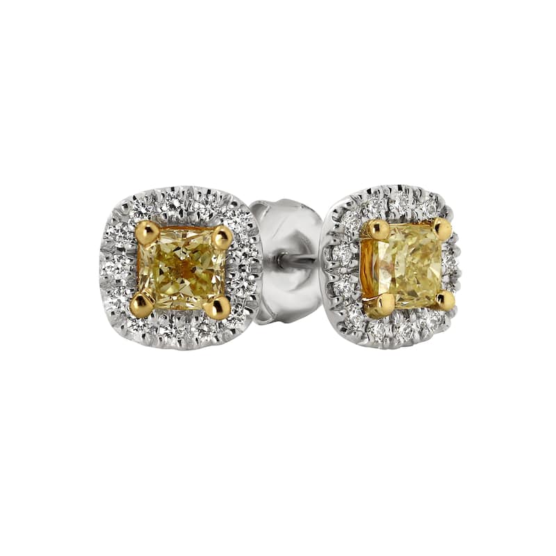 Auriya 3/4ctw Cushion-cut Yellow Diamond Halo Stud Earrings 14k Two-Tone Gold (SI1-SI2)