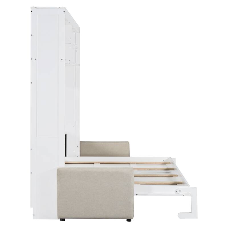 Queen Size Wall Bed with Sofa, Space-Saving Murphy Bed, White