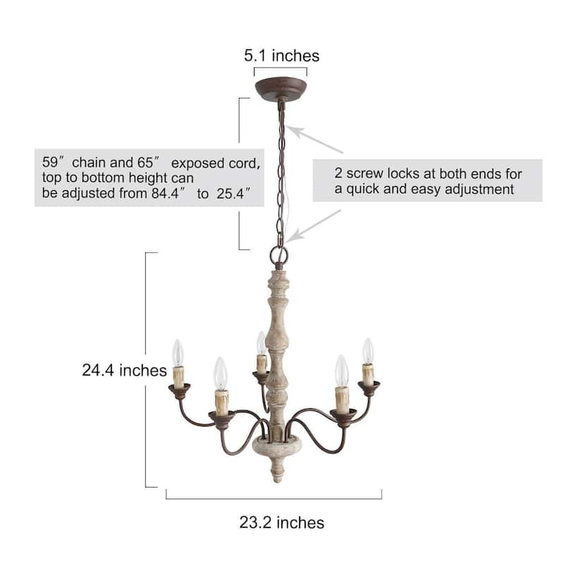 LALUZ Rustic 5-lights Candle Chandelier Distressed Hanging Pendant Lighting Fixture - D 23"* H 24.5"
