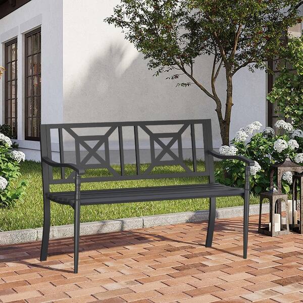 Black Outdoor Metal Bench Garden Porch Patio Chair Loveseat Bed Bath