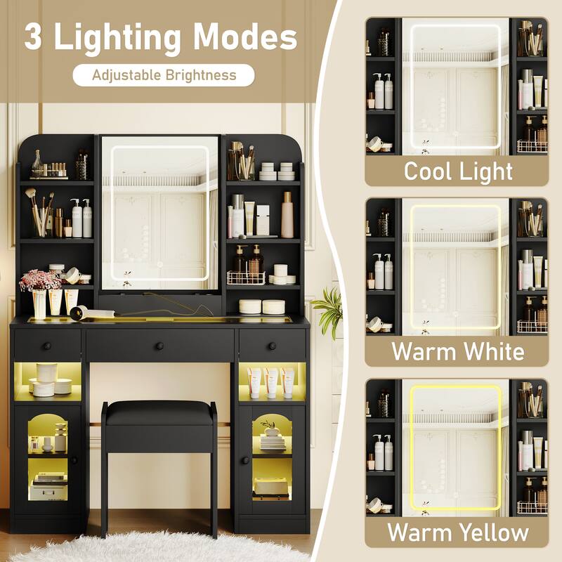 Glass Top Make-up Vanity Set with Stool & Charging Station, LED Makeup Mirror with 3 Lighting Modes