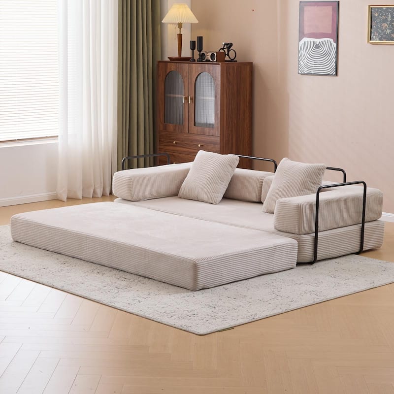 Convertible Floor Sofa Bed with Pillow Back Chenille Fabric for Living Room Bedroom - Cream
